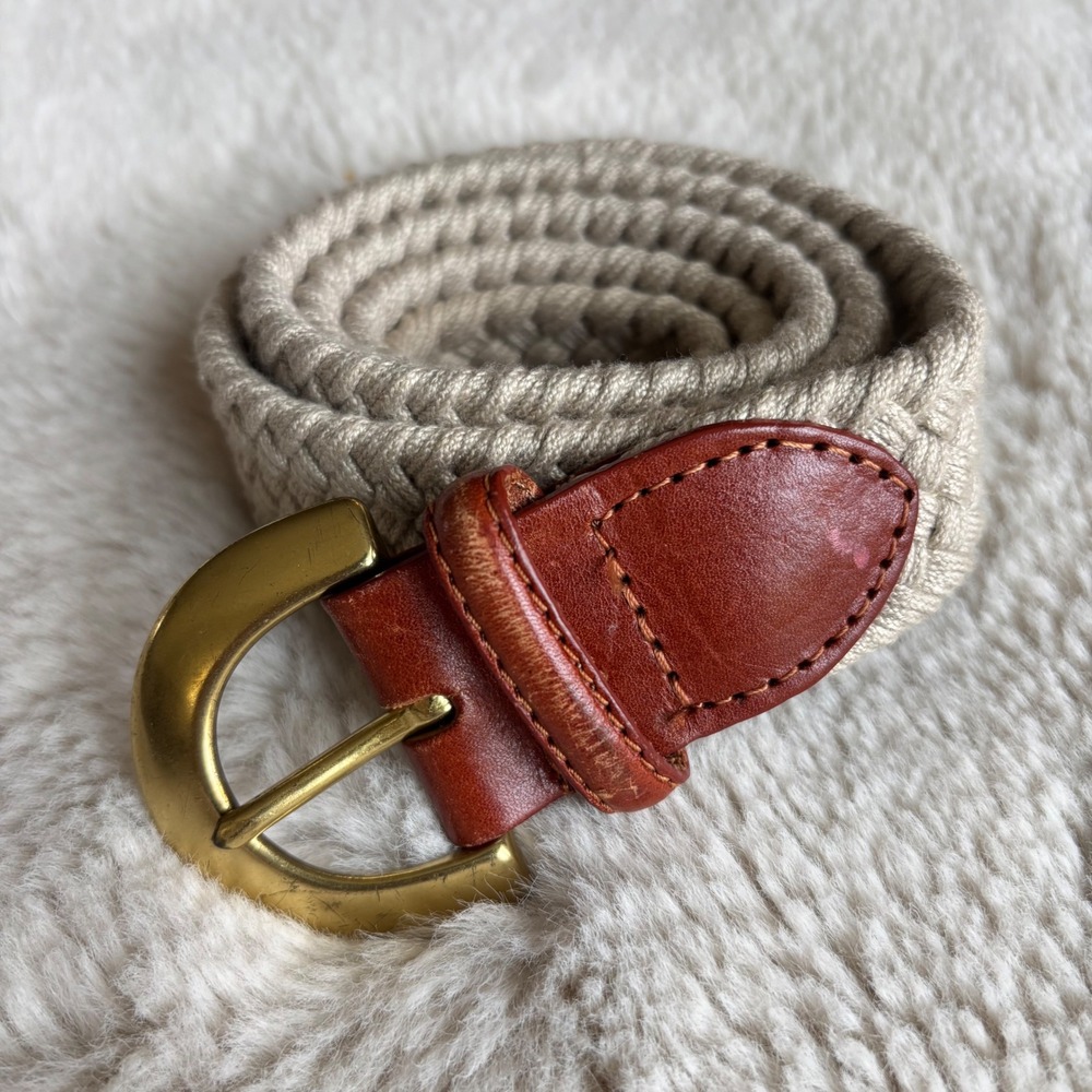 Talbots Braided Belt Womens S Beige Vintage Woven Elastic Solid Brass Buckle